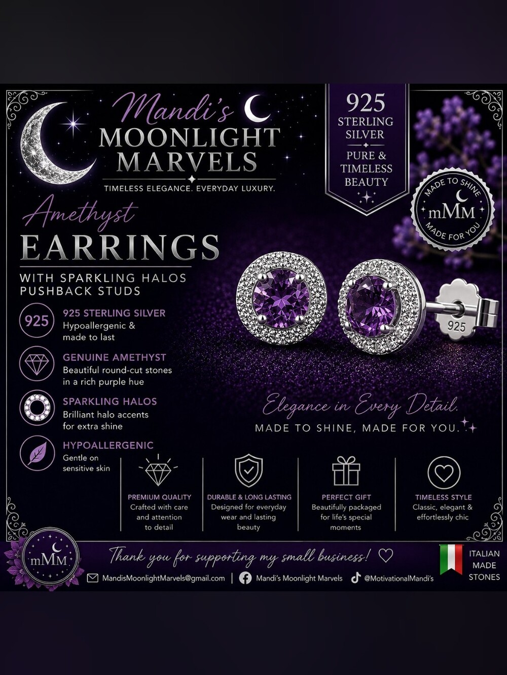 Genuine Amethyst Halo Stud Earrings - Purple Sterling Silver
